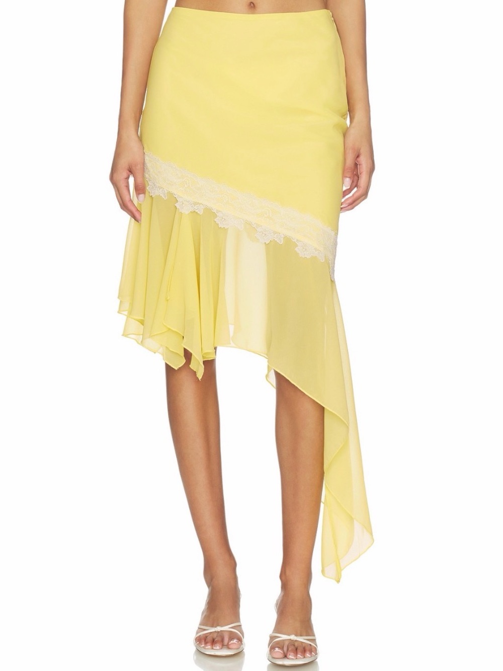 Asymmetrical Yellow Lace-Trim Midi Skirt